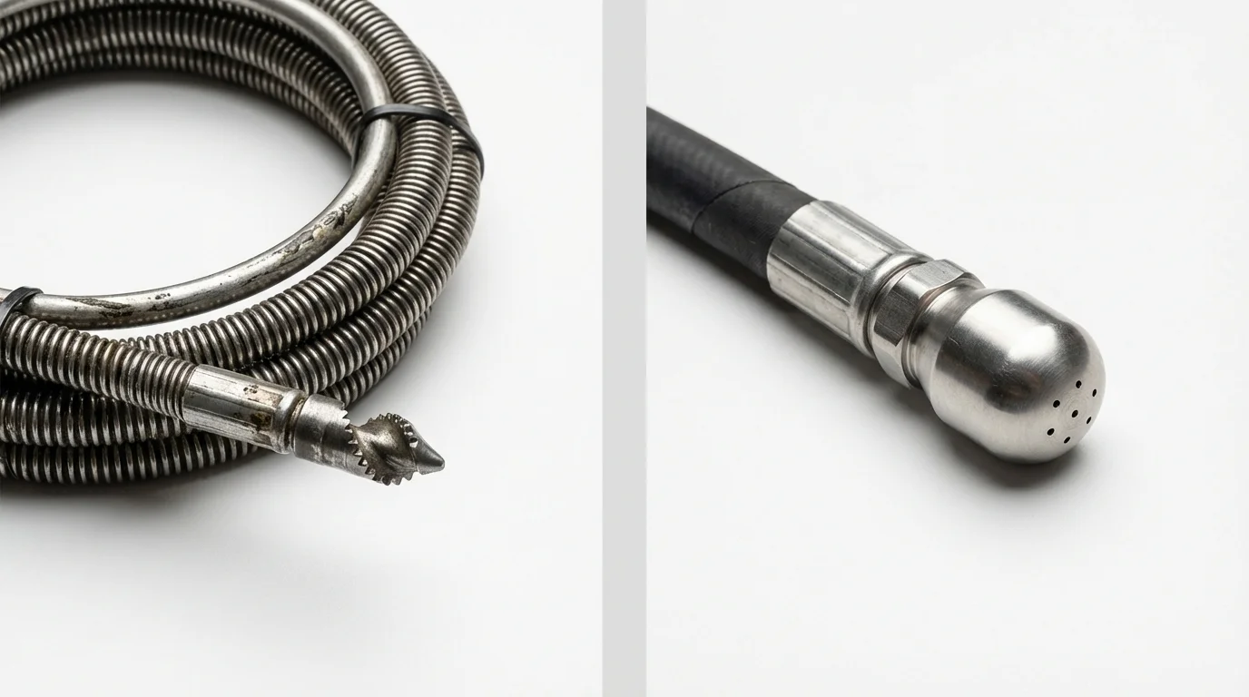 Drain snake cable and hydro jetting nozzle used for drain cleaning in Williamsport, OH