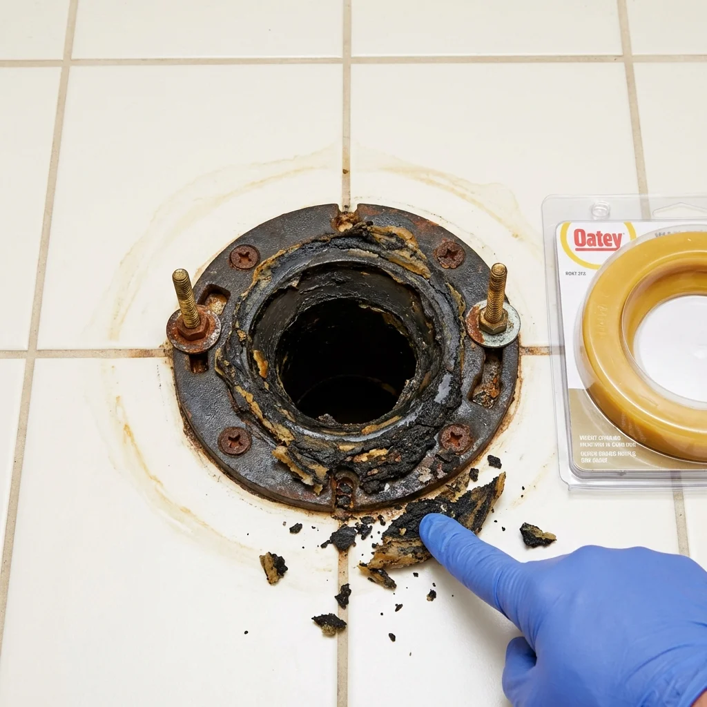 Failed wax ring showing water seepage at the base of a toilet in a Williamsport, OH home