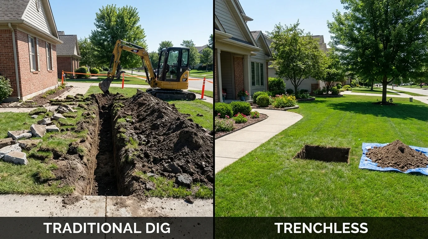 Trenchless sewer repair with minimal yard damage versus traditional excavation in Williamsport, OH