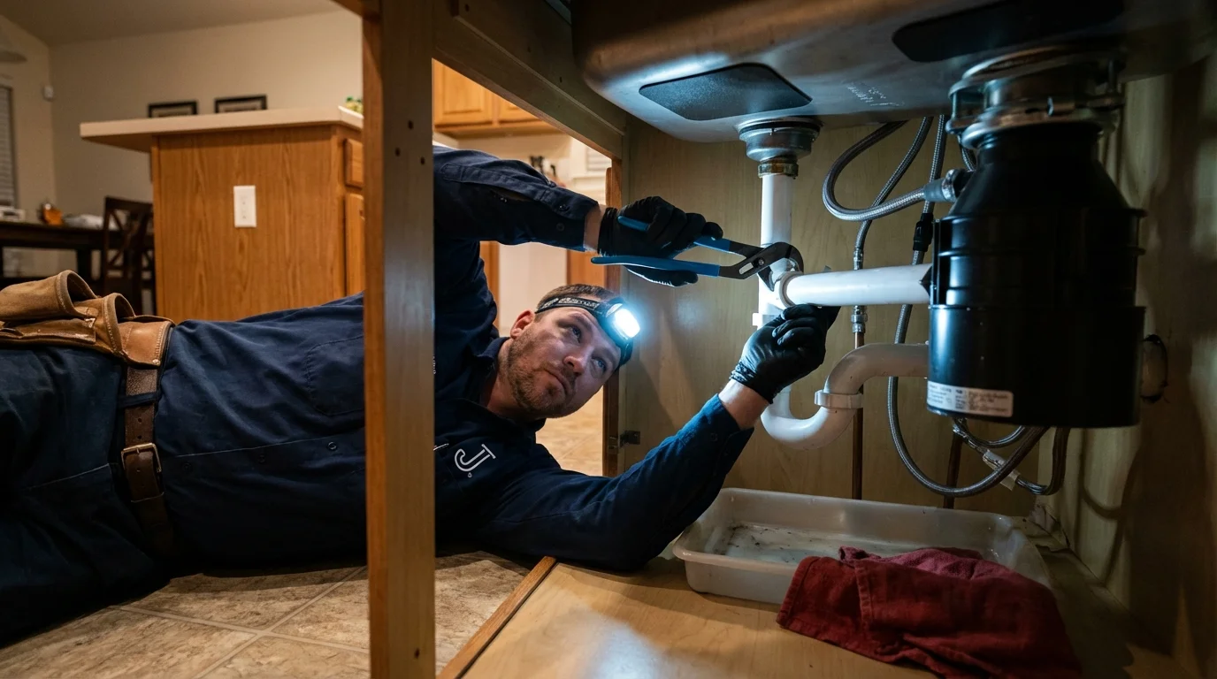 P-trap and supply line connections under a kitchen sink showing a common leak point in Williamsport, OH